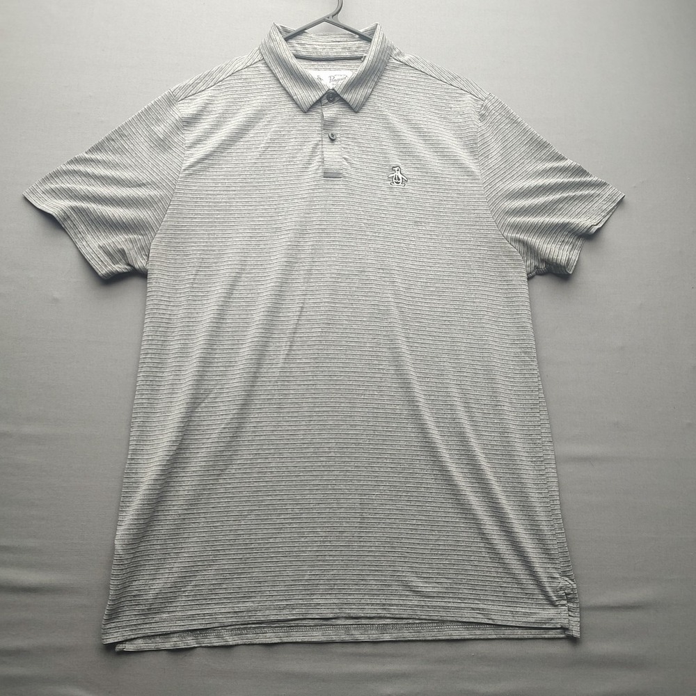Penguin Men's Shirt Gray‎ Black Striped Pull Over Polo Short Sleeve Large